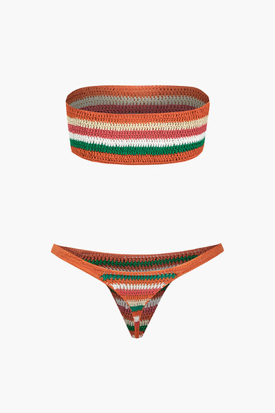 Gökkuşağı Desenli Şeritli Tığ İşi Bikini Takımı - JUNETTI®
