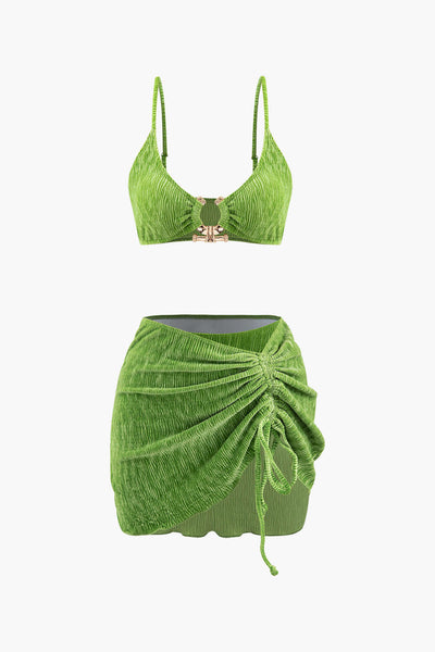 Kadife Dokulu U Yüzük Bikini ve Sarong 3 Parça Takım - JUNETTI®