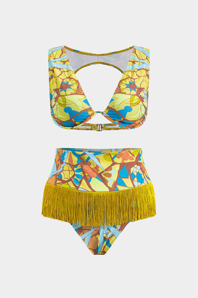 Tropikal Desenli Püsküllü Sırt Dekolteli Bikini Takımı - JUNETTI®