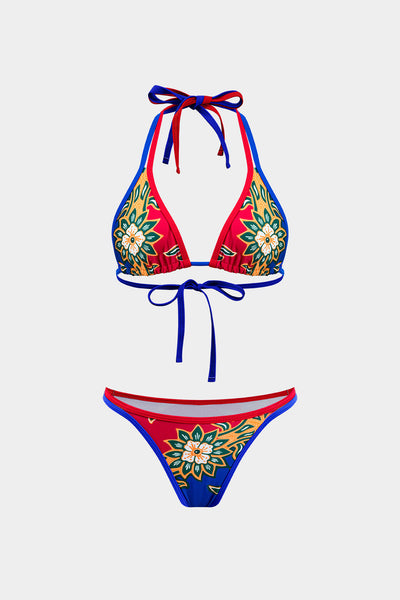 Çiçek Desenli Büzgülü Bağlamalı Bikini ve Bağcıklı Düğümlü Üst Giyim Seti - JUNETTI®