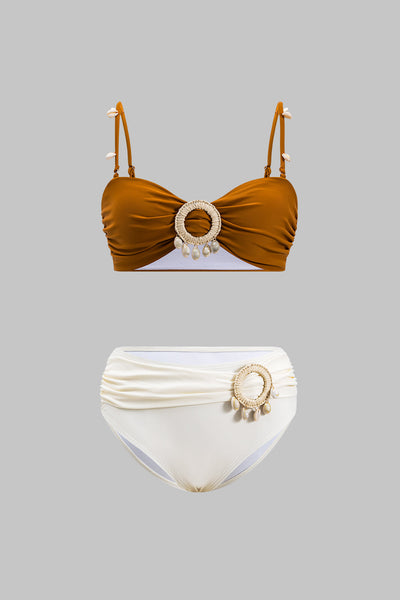 Kontrast Kabuk Dekorlu Kırışık Bikini Takımı - JUNETTI®