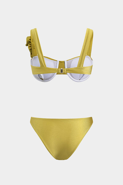 3D Çiçek Büzgülü Şifon Bikini ve Püsküllü Çekmeli Pareo Üç Parça Takım - JUNETTI®