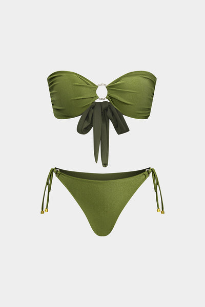 Metalik Strass Büzgülü Bağlamalı Sırt Dekolteli Bikini Takımı - JUNETTI®