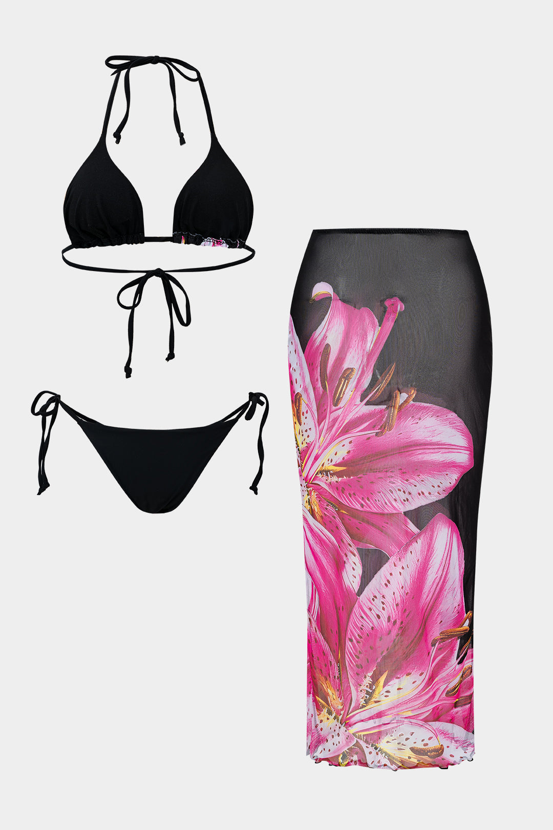 Çiçek Desenli Mesh Bağlamalı Bikini ve Pareo Takımı