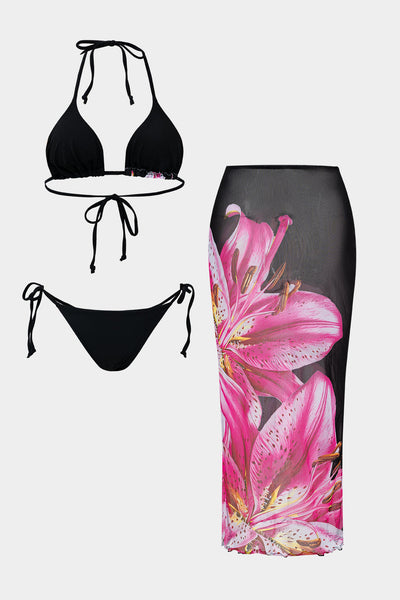 Çiçek Desenli Mesh Bağlamalı Bikini ve Pareo Takımı