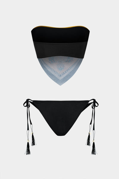 Desenli Kontrast Renk Bloklu Bağlamalı Bikini Takımı - JUNETTI®