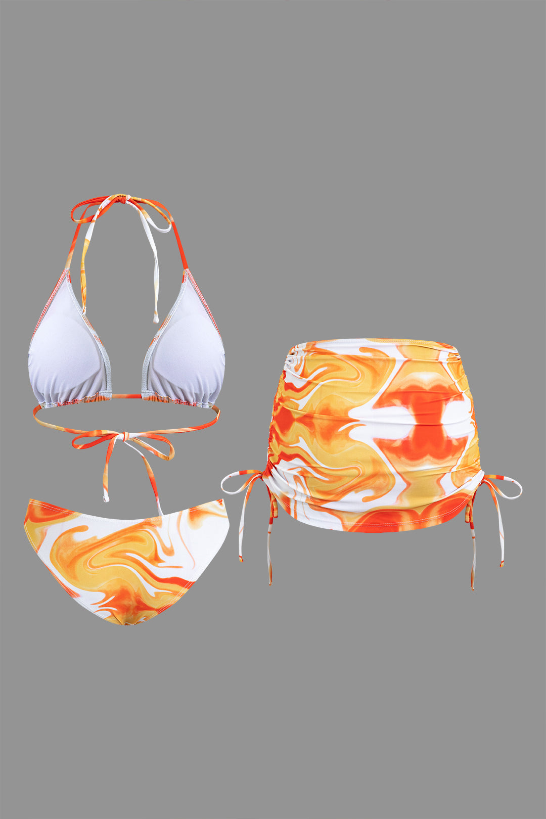 Ombre Desenli Tie Dye Baş Bantları, Mesh Büzgülü Bağlamalı Sırt Dekolteli Bikini ve Bağlama Detaylı Pareo Takımı - JUNETTI®