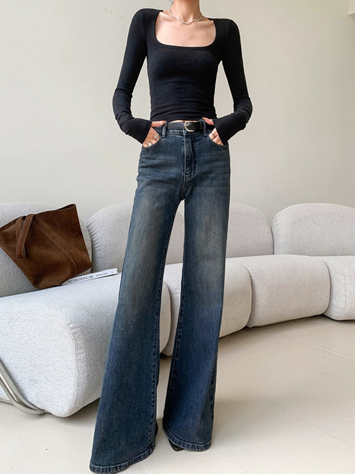 Vintage Düşük Bel Yıkamalı Geniş Paça Jean