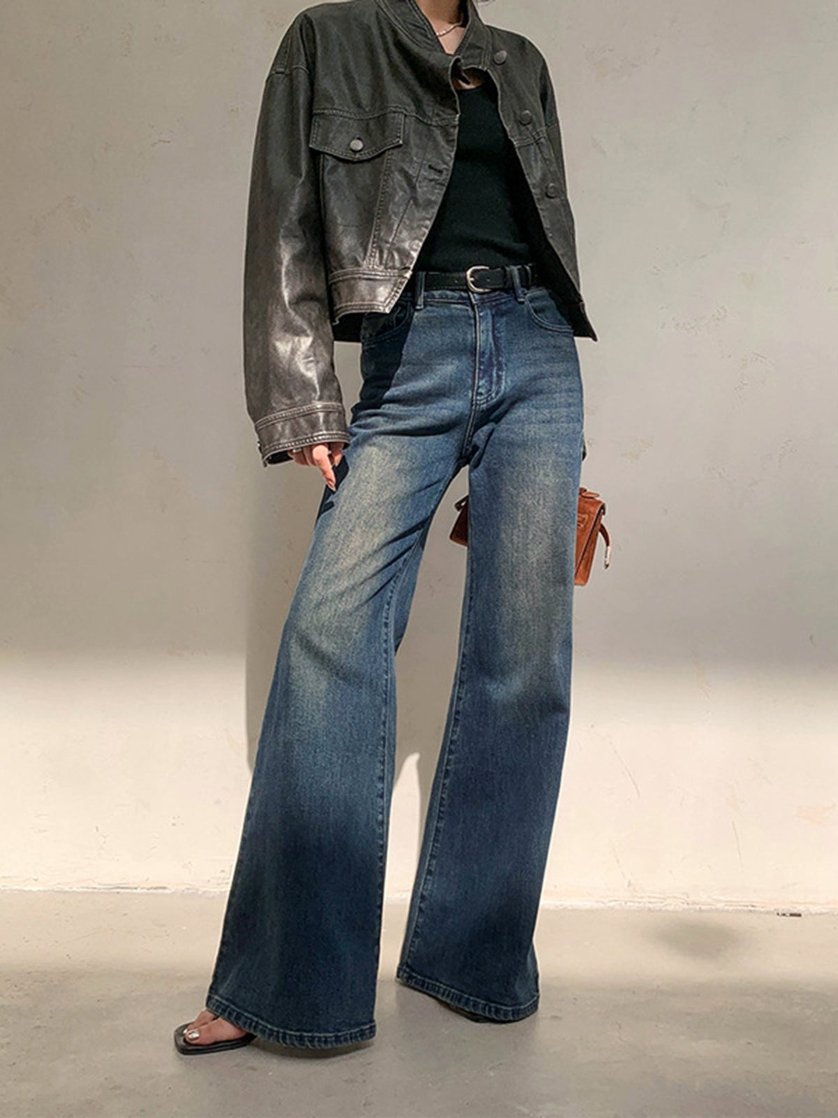 Vintage Düşük Bel Yıkamalı Geniş Paça Jean