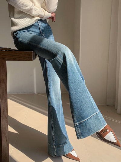 Yıkanmış İnce Asimetrik Denim Pantolon