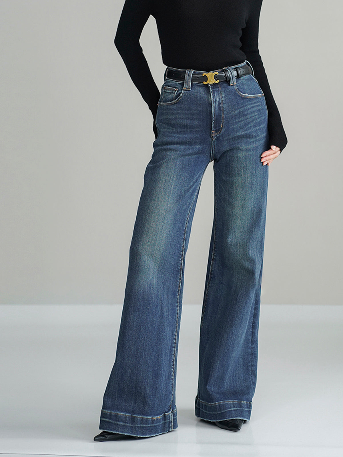 Bel dikişsiz Orta Bel Bootcut Denim Kot Pantolon