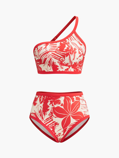 Tek Omuz Tropikal Desenli Bikini Takımı - JUNETTI®