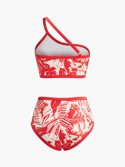 Tek Omuz Tropikal Desenli Bikini Takımı - JUNETTI®