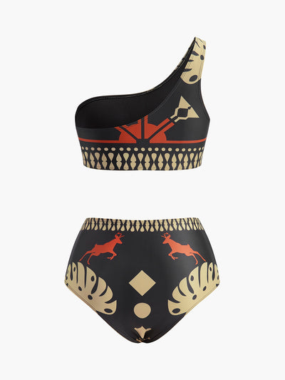 Tribal Desenli Tek Omuz Bikini Takımı - JUNETTI®