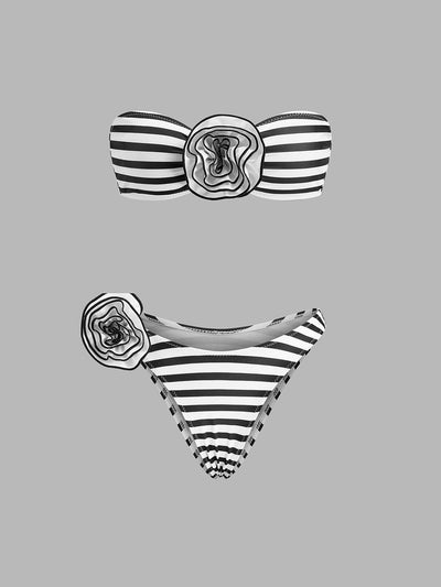 Çizgili Çiçek Detaylı Bandeau Bikini Takımı - JUNETTI®