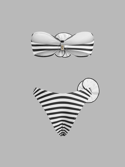 Çizgili Çiçek Detaylı Bandeau Bikini Takımı - JUNETTI®