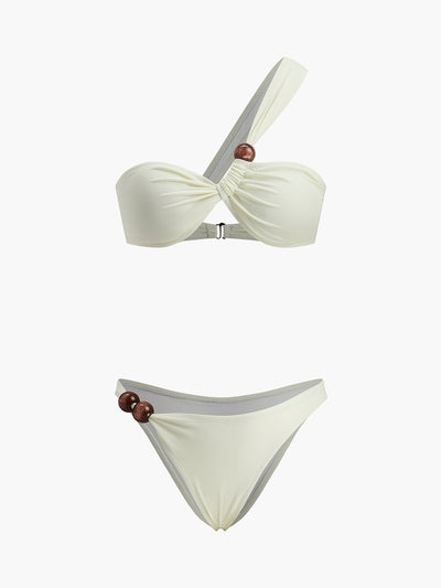 Ahşap Boncuk Detaylı Tek Omuz Bikini Takımı - JUNETTI®