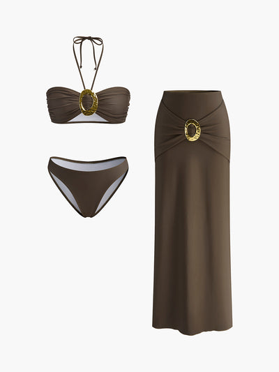 Oval Halka Detaylı Bikini Takımı ve Etek - JUNETTI®