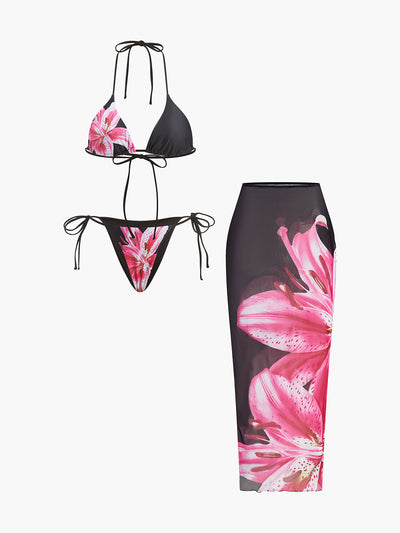 Çiçek Desenli Bikini ve File Etek Takımı - JUNETTI®