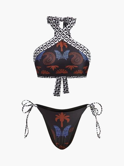 Boho Desenli Bağlamalı Halter Bikini - JUNETTI®
