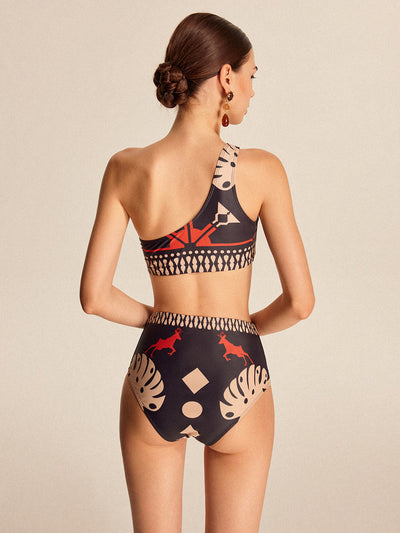Tribal Desenli Tek Omuz Bikini Takımı - JUNETTI®
