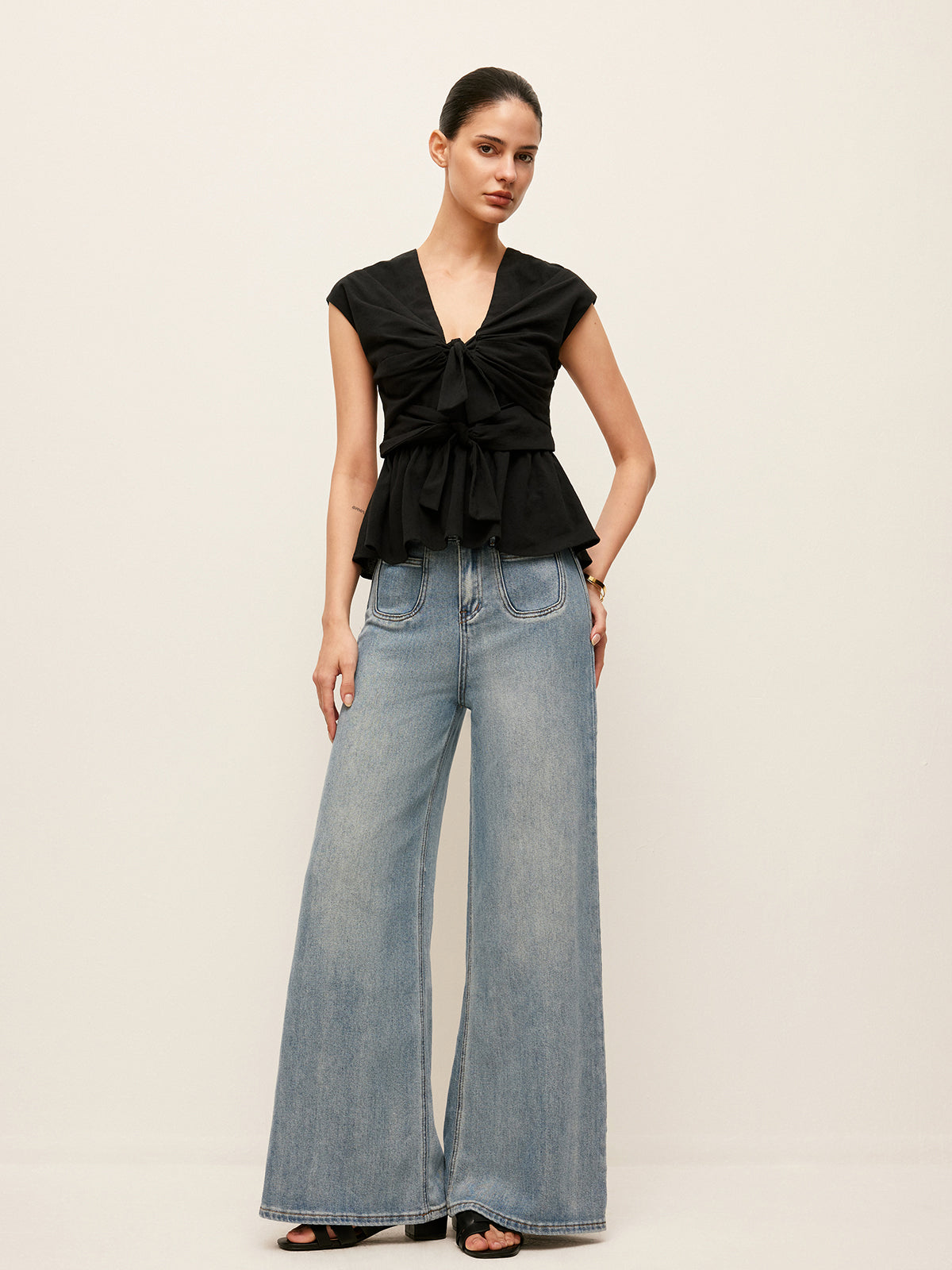 Orta Bel Geniş Paçalı Denim Pantolon Cepli