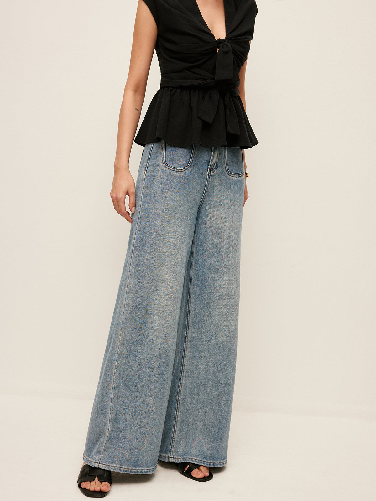 Orta Bel Geniş Paçalı Denim Pantolon Cepli