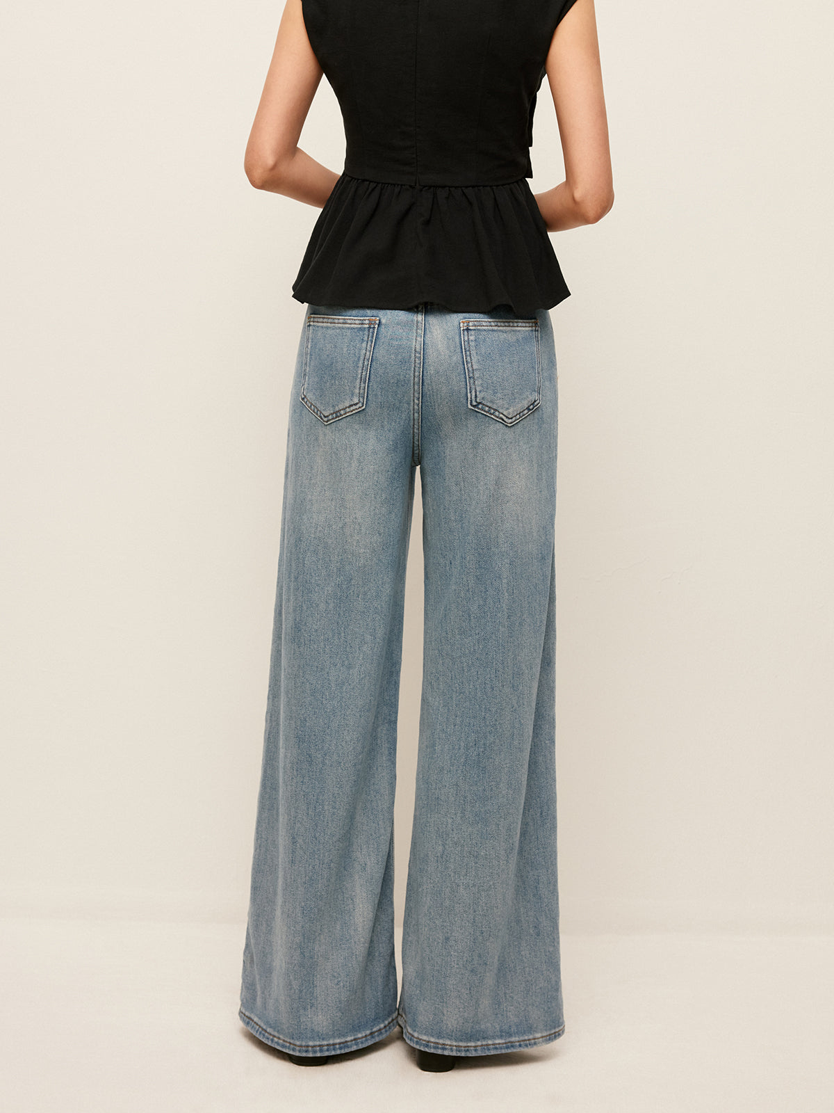 Orta Bel Geniş Paçalı Denim Pantolon Cepli