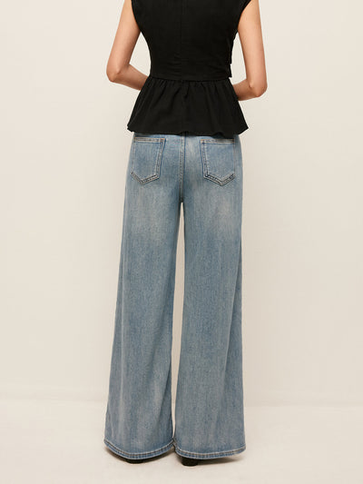 Orta Bel Geniş Paçalı Denim Pantolon Cepli