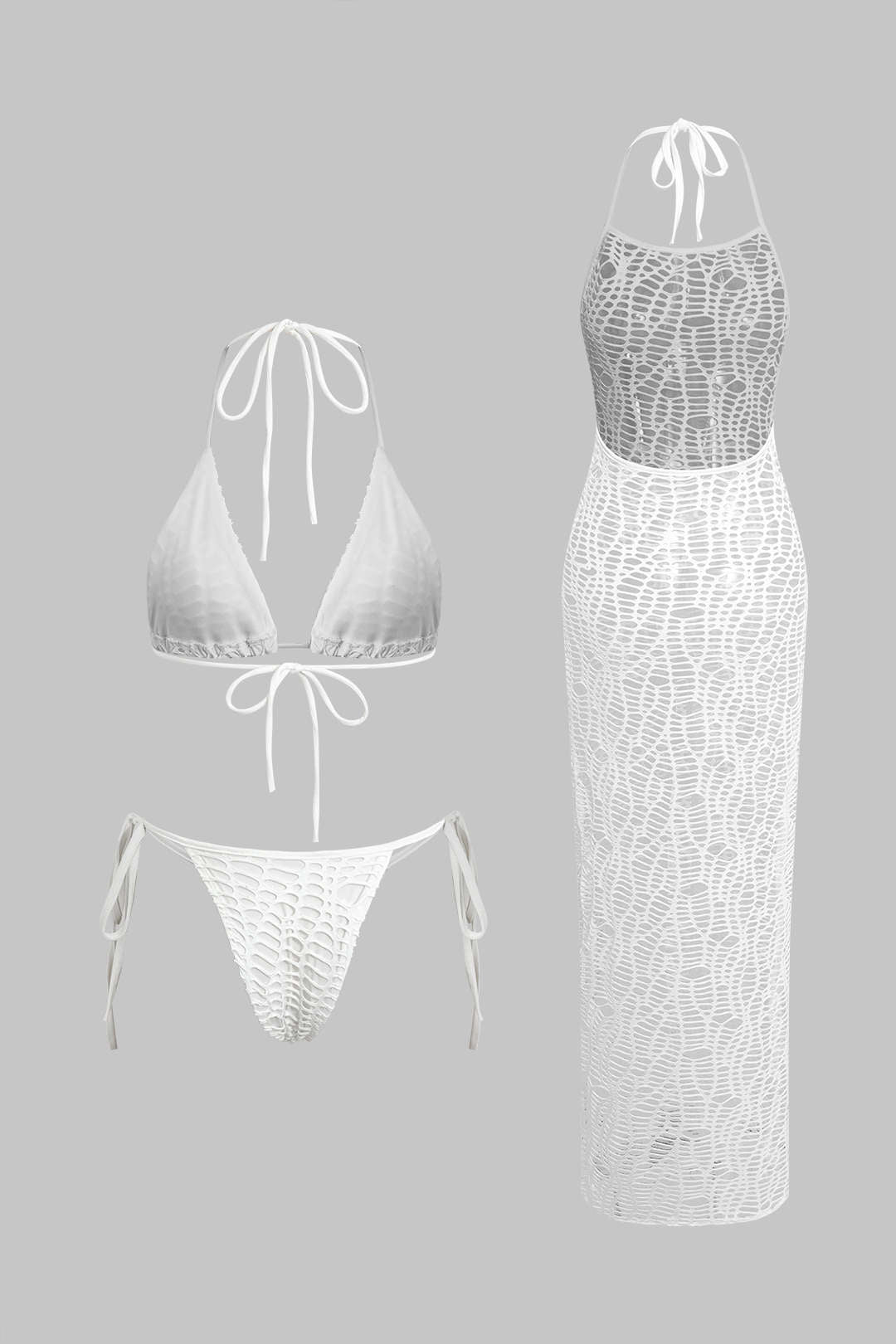 Dokulu Halter Yaka Bikini ve Açık Örgü Pareo Takımı - JUNETTI®