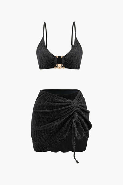 Kadife Dokulu U Yüzük Bikini ve Sarong 3 Parça Takım - JUNETTI®