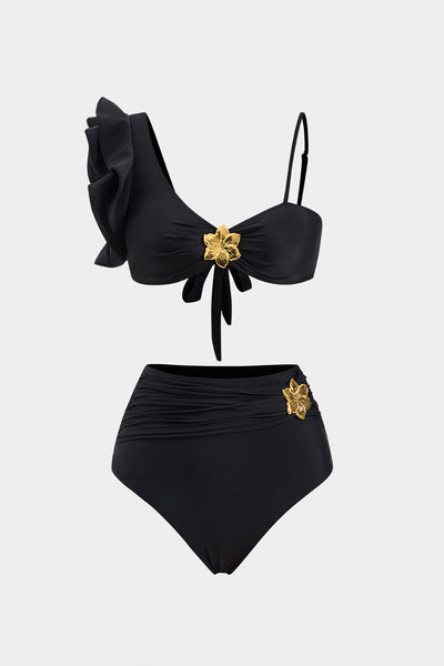 Metalik Dekorlu Volanlı Büzgülü Bağlamalı Şifon Bikini Takımı - JUNETTI®