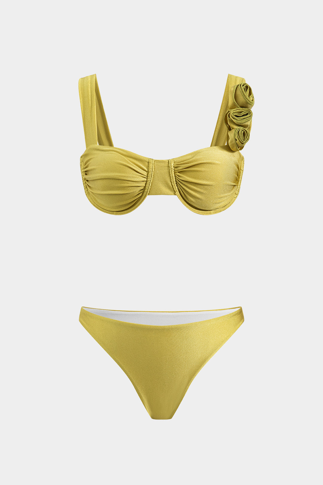 3D Çiçek Büzgülü Şifon Bikini ve Püsküllü Çekmeli Pareo Üç Parça Takım - JUNETTI®