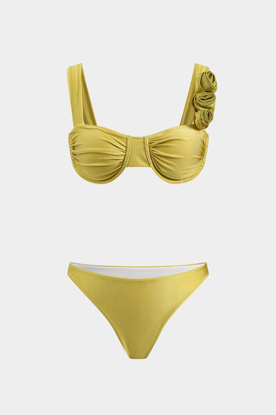 3D Çiçek Büzgülü Şifon Bikini ve Püsküllü Çekmeli Pareo Üç Parça Takım - JUNETTI®
