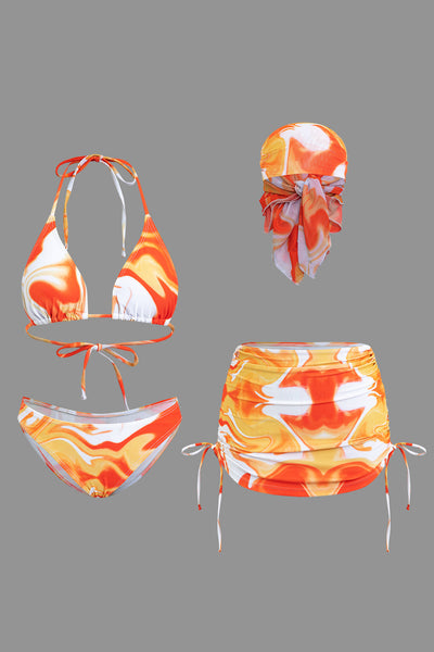 Ombre Desenli Tie Dye Baş Bantları, Mesh Büzgülü Bağlamalı Sırt Dekolteli Bikini ve Bağlama Detaylı Pareo Takımı - JUNETTI®