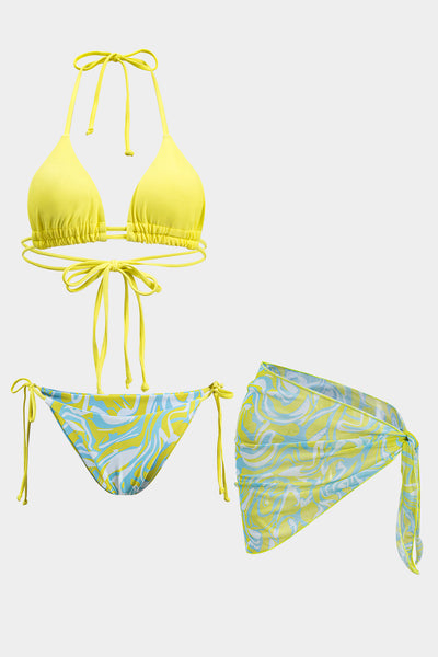 Kontrast Soyut Baskılı File Büzgülü Bağlamalı Sırtı Açık Bikini ve Bağlama Düğümü Örtü Seti - JUNETTI®
