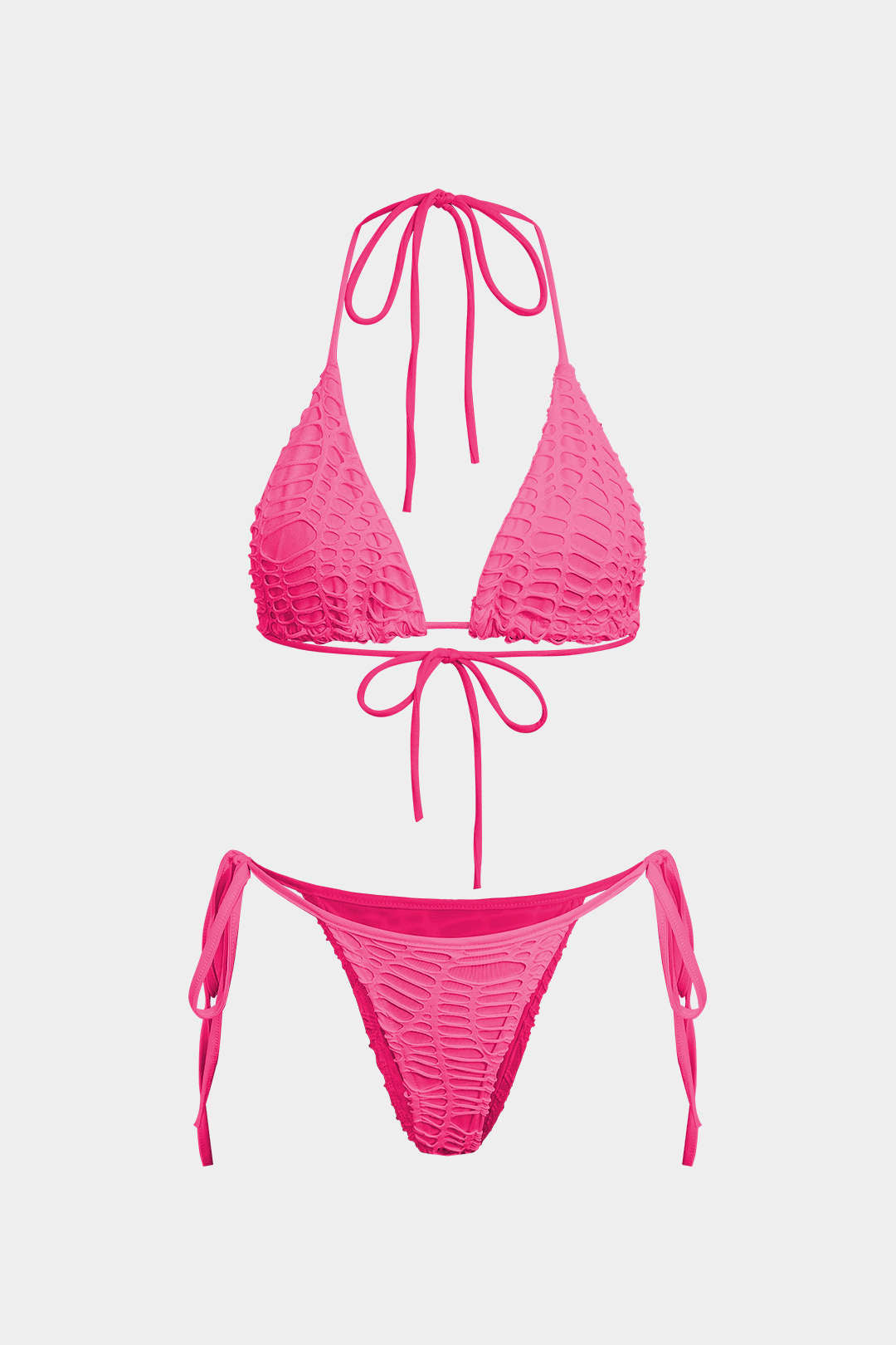 Dokulu Halter Yaka Bikini ve Açık Örgü Pareo Takımı