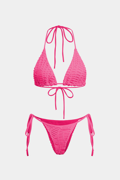 Dokulu Halter Yaka Bikini ve Açık Örgü Pareo Takımı