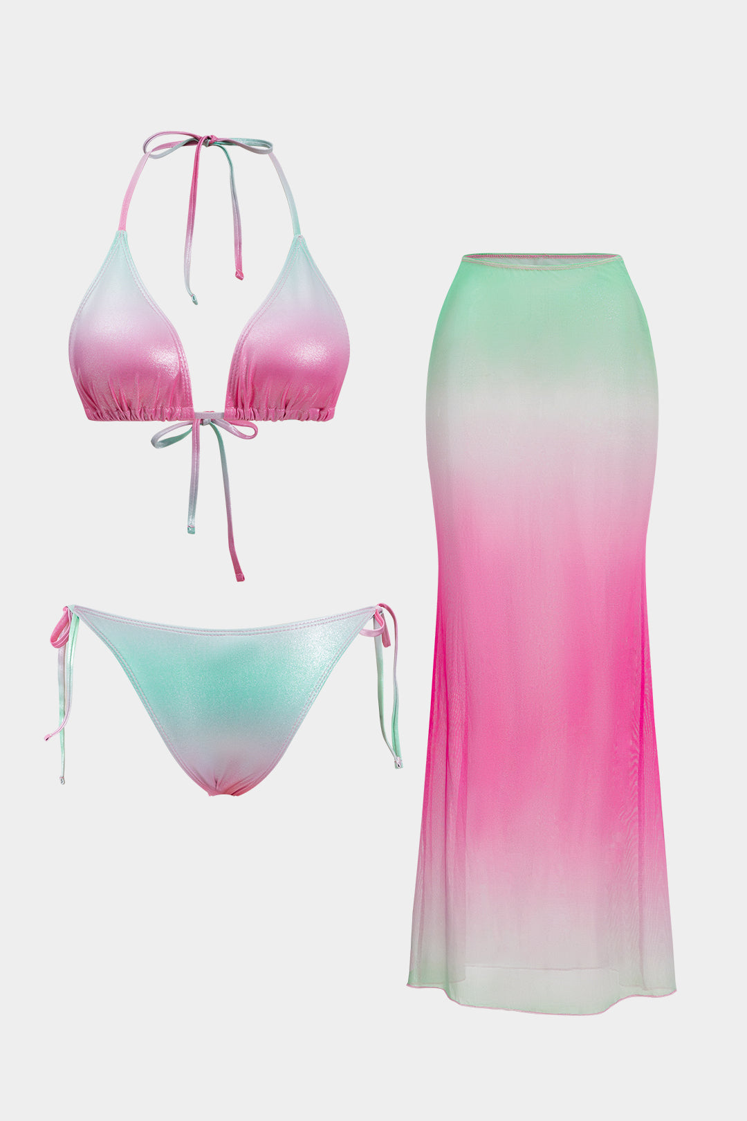 Ombre Desenli Büzgülü Sırt Dekolteli Bağlamalı Bikini ve Pareo Takımı