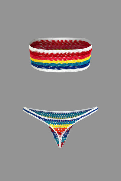 Gökkuşağı Desenli Şeritli Tığ İşi Bikini Takımı - JUNETTI®