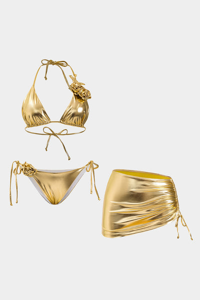 3D Çiçekli Büzgülü Bağlamalı Bikini ve Etek Takımı - JUNETTI®