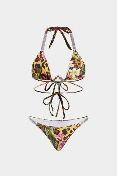 Tropikal Desenli Strass Detaylı Askılı Bikini Takımı - JUNETTI®