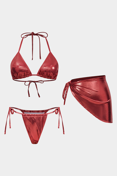 Büzgülü Bağlamalı Sırt Dekolteli Bikini ve Bağlama Detaylı Pareo Takımı - JUNETTI®