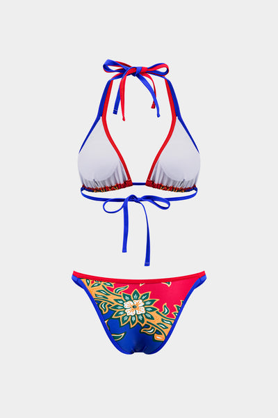 Çiçek Desenli Büzgülü Bağlamalı Bikini ve Bağcıklı Düğümlü Üst Giyim Seti - JUNETTI®