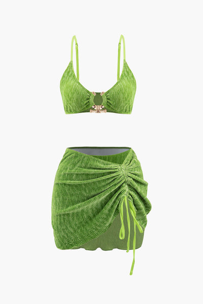 Kadife Dokulu U-Halka Bikini ve Sarong 3 Parça Takım - JUNETTI®