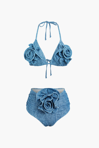 3D Çiçekli Kot Askılı Bikini Takımı - JUNETTI®