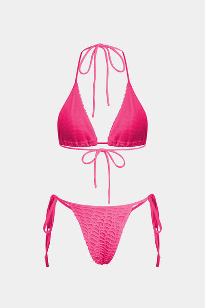 Dokulu Halter Yaka Bikini ve Açık Örgü Pareo Takımı - JUNETTI®
