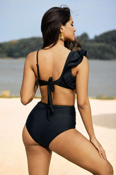 Metalik Dekorlu Volanlı Büzgülü Bağlamalı Şifon Bikini Takımı - JUNETTI®