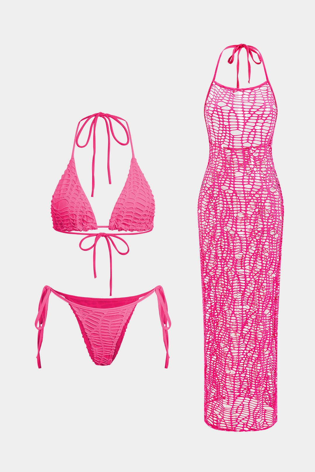 Dokulu Halter Yaka Bikini ve Açık Örgü Pareo Takımı - JUNETTI®