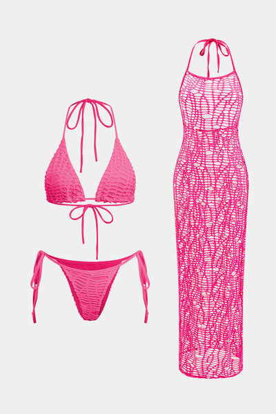Dokulu Halter Yaka Bikini ve Açık Örgü Pareo Takımı - JUNETTI®